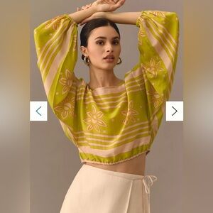 ANTHROPOLOGIE Swati Vijaivargie Cropped Graphic Long-Sleeve Top green cropped